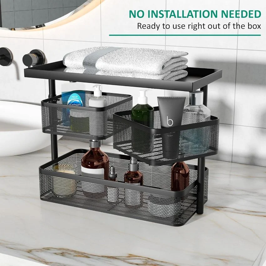 3-Tier Metal Bathroom Organizer Rack in Black – Countertop Storage Shelf for Toiletries, Makeup & Accessories