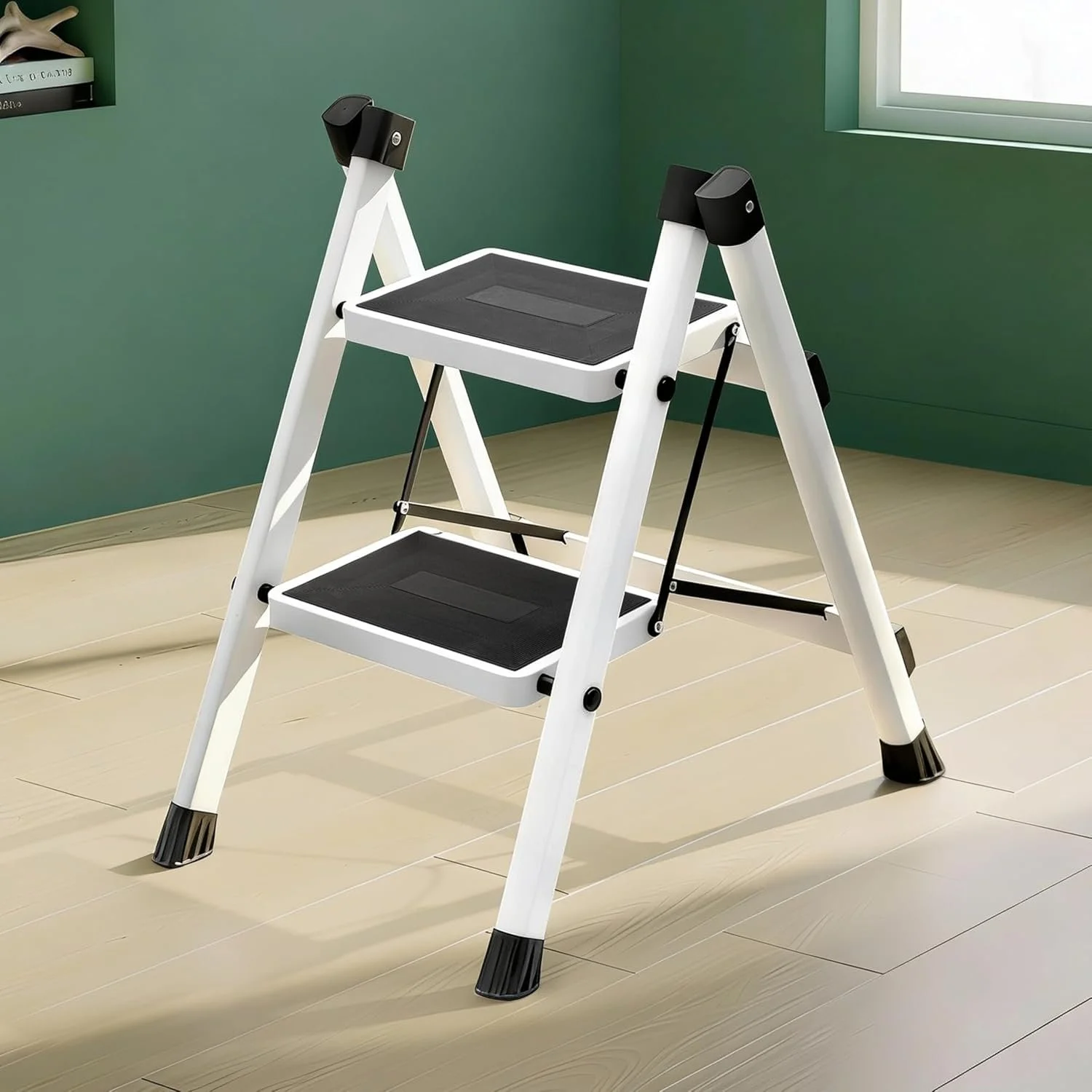 Novatic Ladder for Home Use, Wide Anti-Slip Step Stool, Lightweight Folding Kitchen Ladder, Sturdy Household Foot Stool, Easy Reach Ladder, White